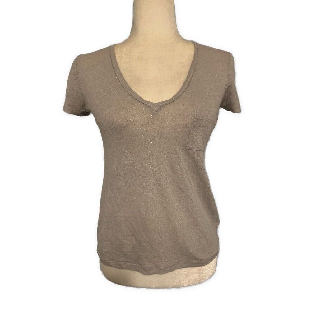 J Crew Gray Silver Metallic V Neck Linen Short Sleeve Top T Shirt Xxs